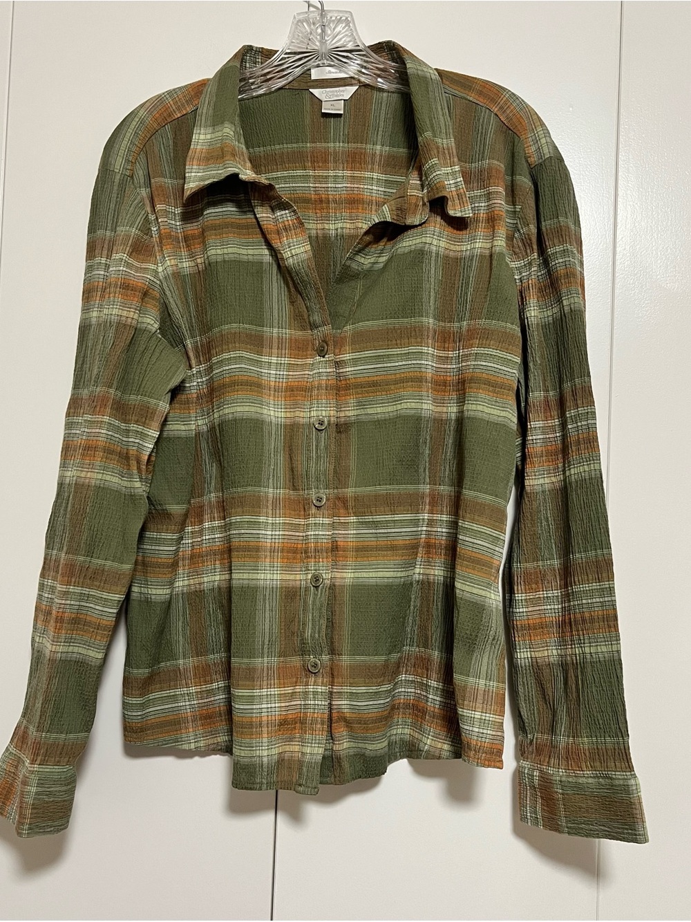 Christopher & Banks Women’s Long-Sleeve Olive Plaid Button Up Crinkle Shirt XL